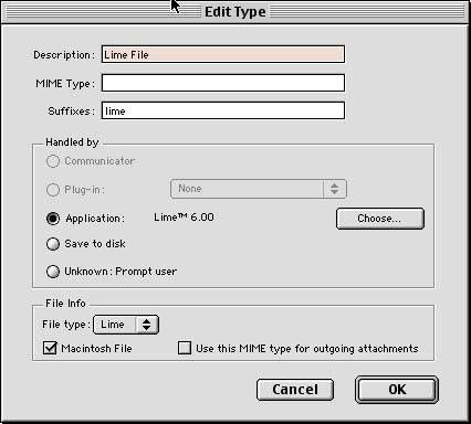 Edit Type dialog box,
Description= Lime file, Suffix= lime, Application is selected and set to
Lime 6.00, File type is set to Lime, Macintosh File is selected