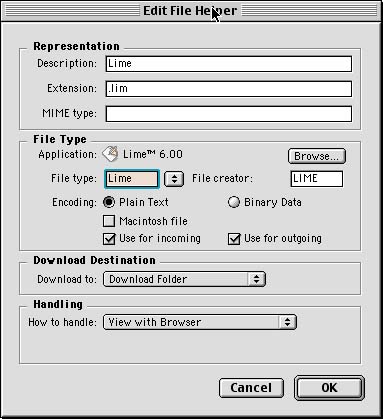 Edit File Helper dialog box; Description = Lime; Extinsion = .lim; Application = Lime 6.00; File type = Lime; File creator = LIME