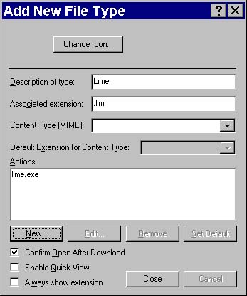 Add New File Type dialog; Description of type = Lime; Associated extension = .lim Actions = lime.exe