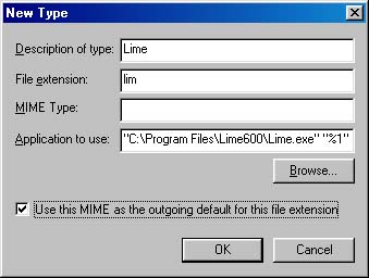 type = Lime; dialog box description of File extension = .lim; Application to use = lime.exe